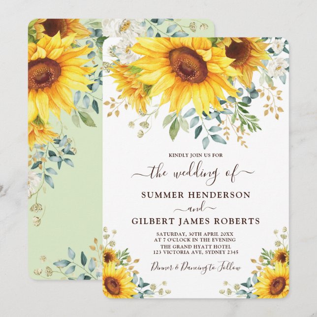 Modern Sunflower Summer Greenery Floral Wedding Invitation (Front/Back)