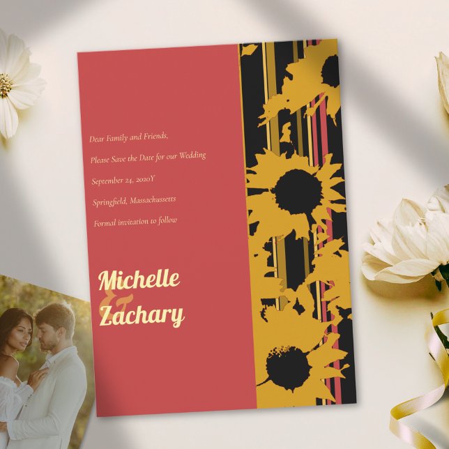 Modern Sunflower Sunset Coral Gold Wedding Save The Date (Creator Uploaded)
