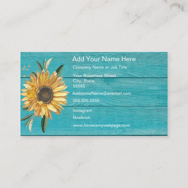 Modern Sunflower Teal Blue Wood Business Card (Back)