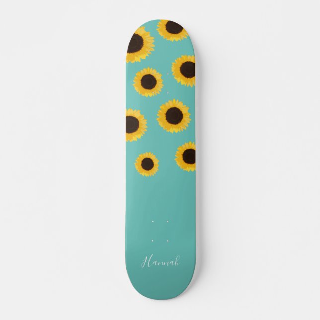 Modern Sunflower Teal Personalized Skateboard (Front)