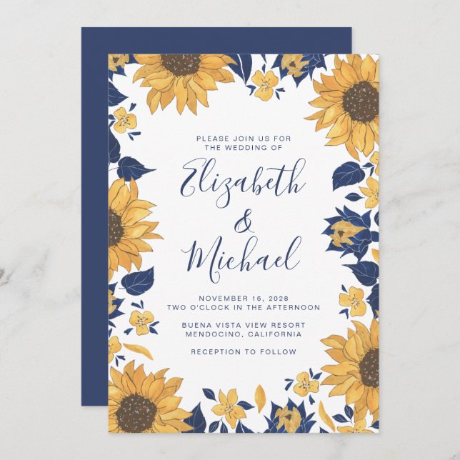 Modern Sunflower Watercolor Blue Wedding Invitation (Front/Back)