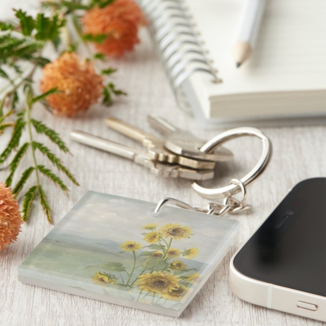 Modern sunflower Watercolor & personalize Image Keychain (Front Right)