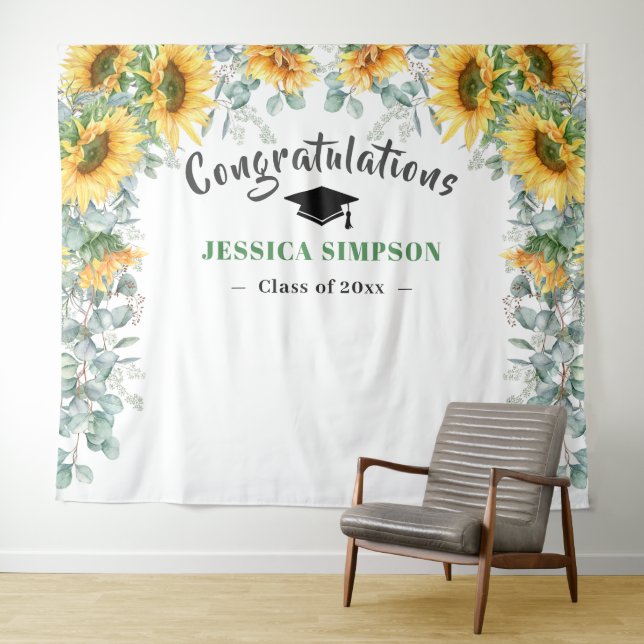Modern Sunflowers Eucalyptus Photo Booth Backdrop Tapestry (In Situ (Horizontal))