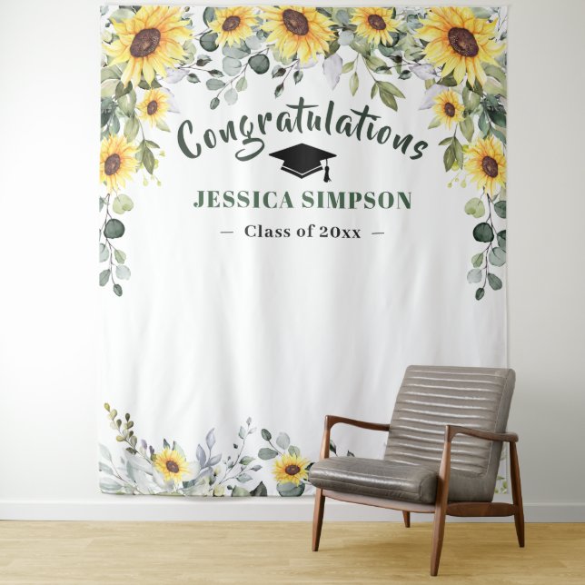 Modern Sunflowers Eucalyptus Photo Grad Backdrop Tapestry (In Situ)