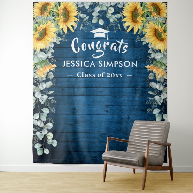 Modern Sunflowers Eucalyptus Photo Rustic Backdrop Tapestry (In Situ)