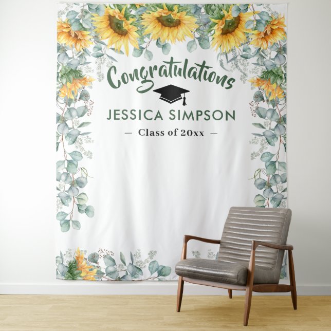 Modern Sunflowers Eucalyptus Rustic Photo Backdrop Tapestry (In Situ)