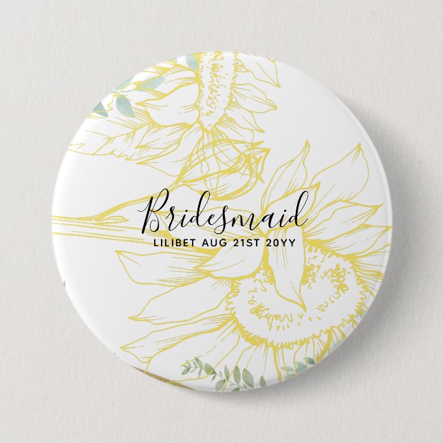 Modern Sunflowers Greenery Sage Gold Wedding 3 Inch Round Button (Front)