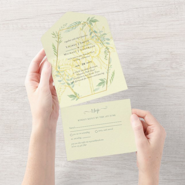 Modern Sunflowers Greenery Sage Gold Wedding All In One Invitation (Tearaway)