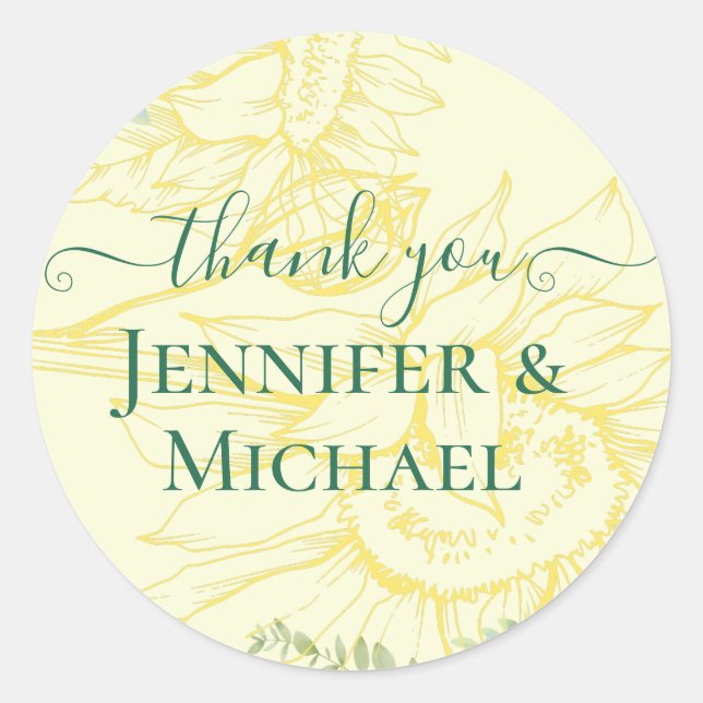 Modern Sunflowers Greenery Sage Gold Wedding Classic Round Sticker (Front)