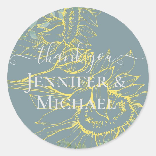 Modern Sunflowers Greenery Sage Gold Wedding Classic Round Sticker (Front)