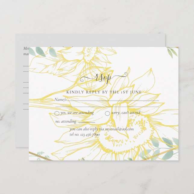 Modern Sunflowers Greenery Sage Gold Wedding Postcard (Front/Back)