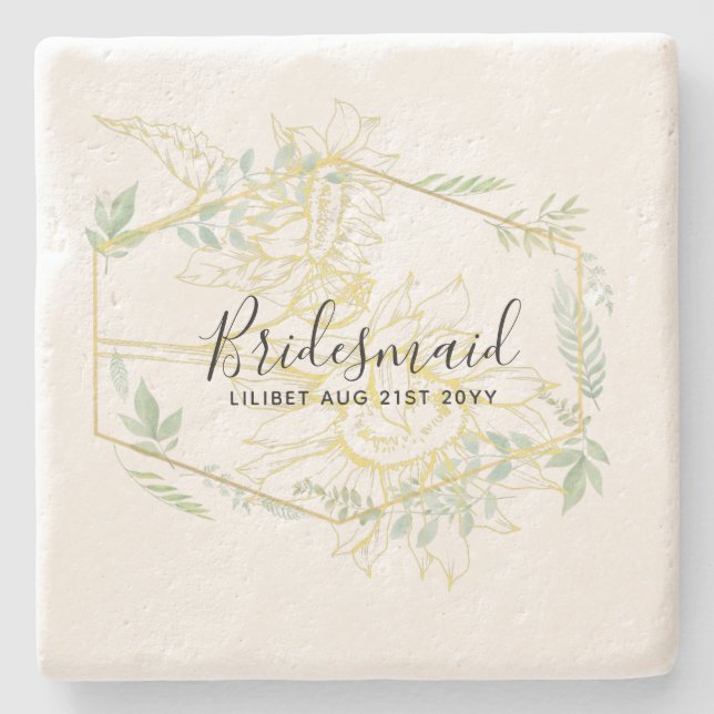 Modern Sunflowers Greenery Sage Gold Wedding Stone Coaster (Front)