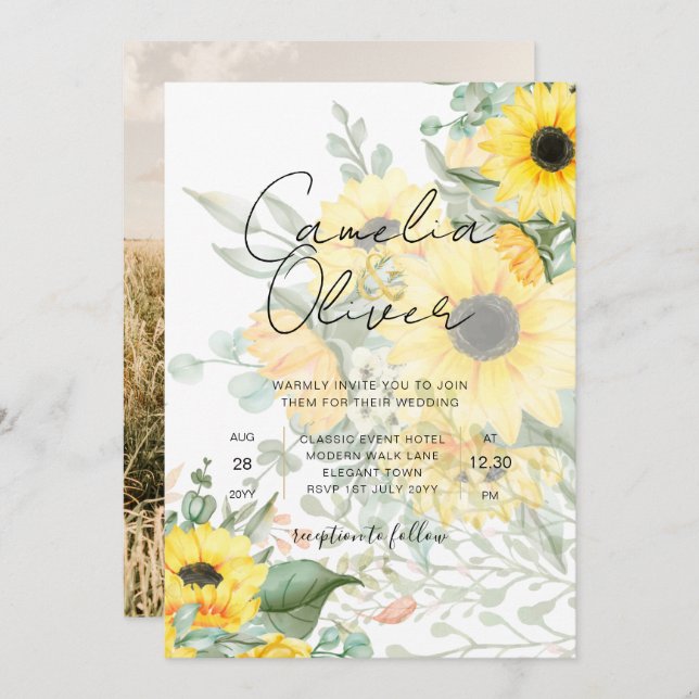 Modern Sunflowers Photo Wedding Invitation (Front/Back)