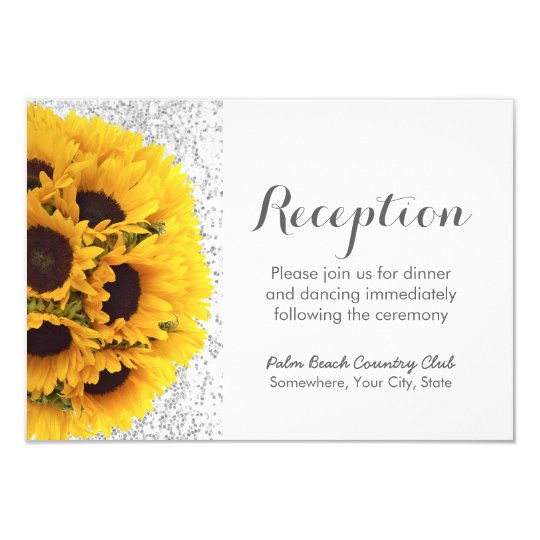 Modern Sunflowers Silver Glitter Wedding Reception Card