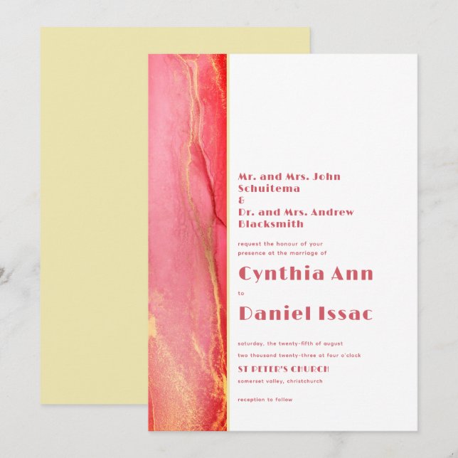 Modern Sunny Pink Yellow Wedding Invitation (Front/Back)