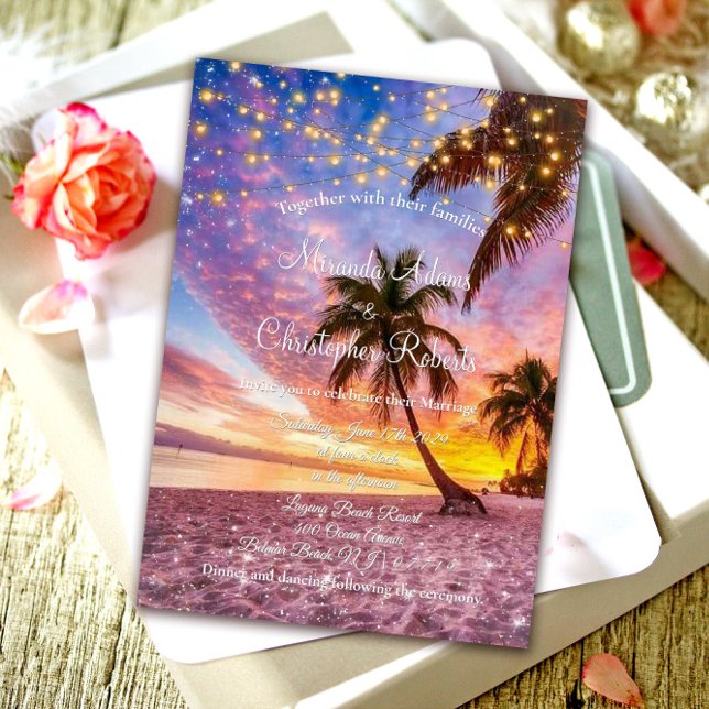 Modern Sunset Beach and Stars Summer Wedding Invitation (Creator Uploaded)