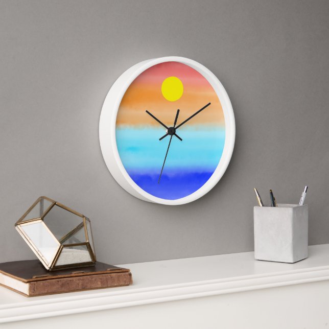 Modern Sunset on beach watercolor Retro gradient Clock (Office)
