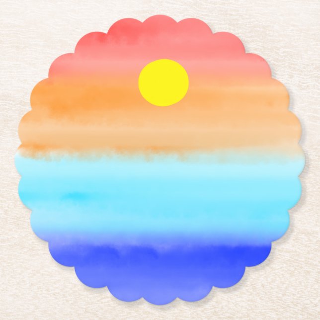 Modern Sunset on beach watercolor Retro gradient Paper Coaster (Front)