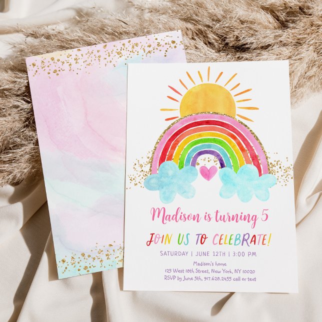 Modern Sunshine Rainbow Pink Gold Birthday Invitation (Creator Uploaded)