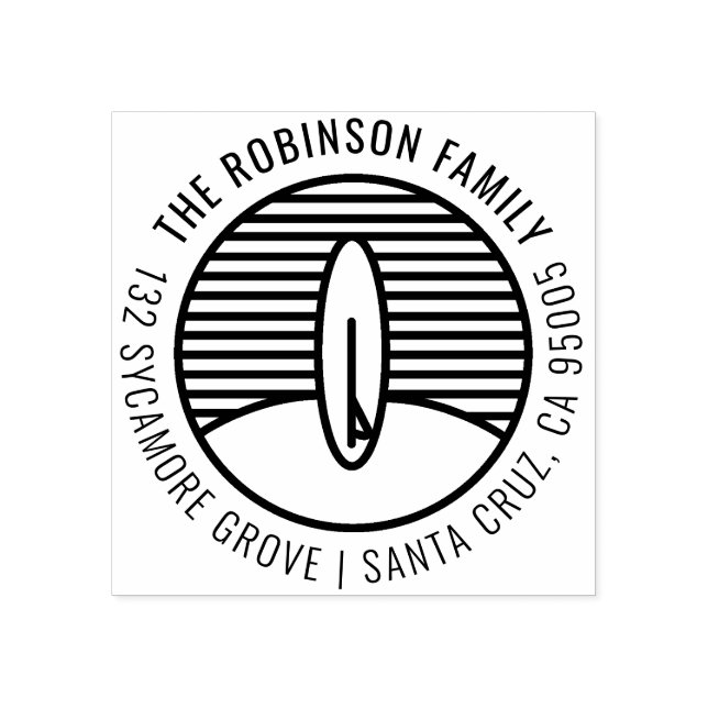 Modern Surfboard Drawing Family Return Address Rubber Stamp (Imprint)