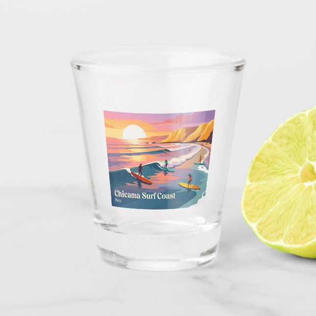 Modern Surfer Sunset Chicama Peru Shot Glass (Front)