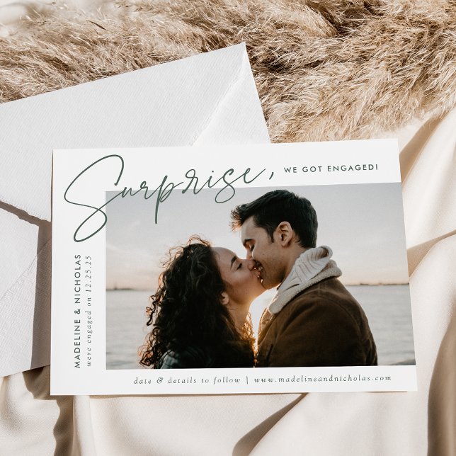 Modern Surprise Dark Sage Script Photo Engagement Announcement (Creator Uploaded)