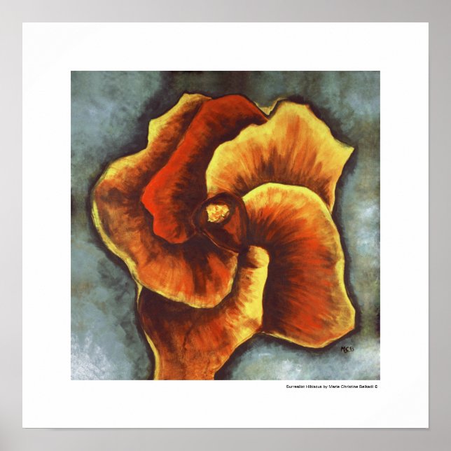 Modern Surreal Yellow Orange Hibiscus Flower Grey  Poster (Front)