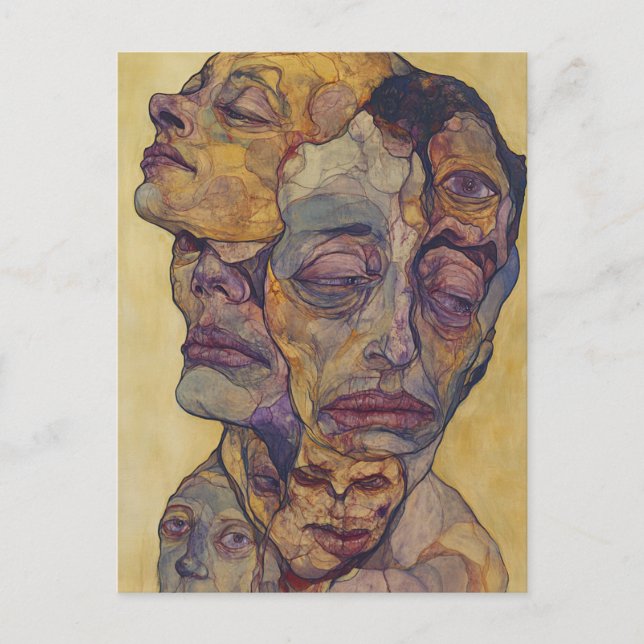 Modern Surrealist Faces Yellow Expressionist  Postcard (Front)