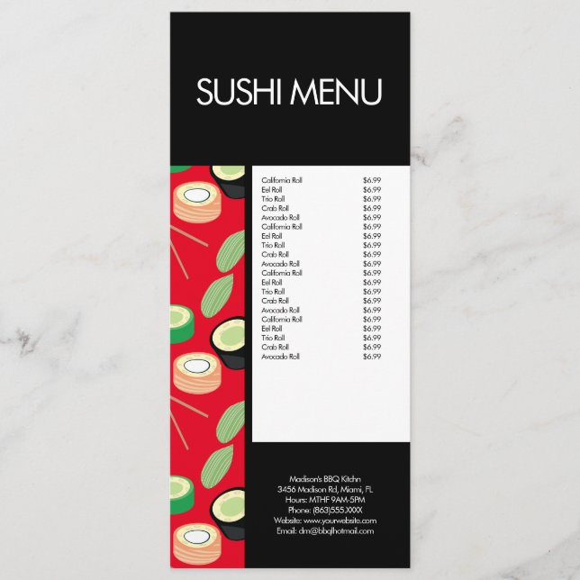 Modern Sushi Roll Asian Restaurant Pattern Red  Menu (Front)