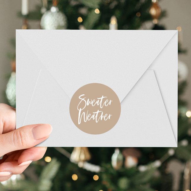 Modern Sweater Weather Script Beige Holiday Classic Round Sticker (Creator Uploaded)