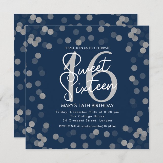MODERN Sweet 16 Birthday Silver Chic Glitter Navy  Invitation (Front/Back)