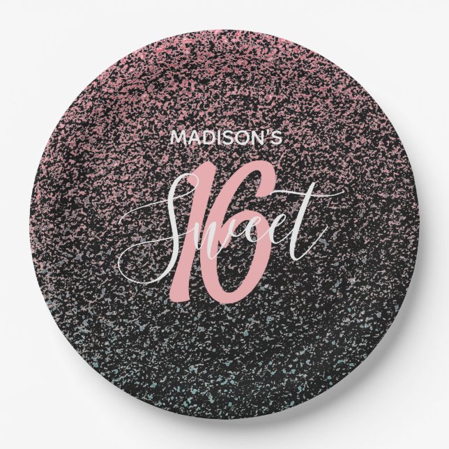 Modern Sweet 16 Black Blush Pink Specks Name  Paper Plate (Front)