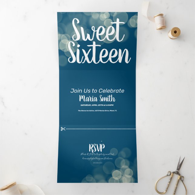 Modern Sweet 16 Bokeh Lights Photography Tri-Fold Invitation (Inside)