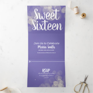 Modern Sweet 16 Bokeh Lights Photography Tri-Fold Invitation