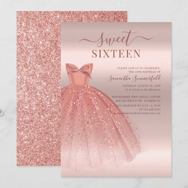 Modern Sweet 16 Glitter Script Rose Gold Birthday Invitation (Front/Back)