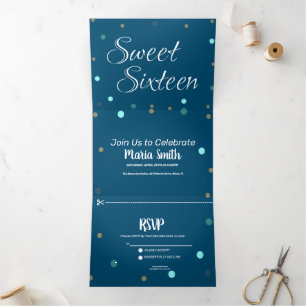 Modern Sweet 16 Gold Blue Dots Tri-Fold Invitation