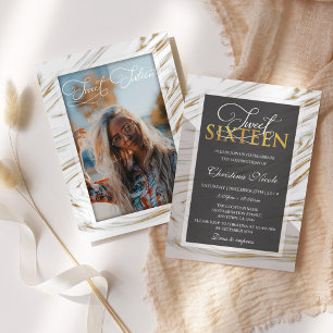 Modern Sweet 16 Gold Marble Grey Photo Invitation