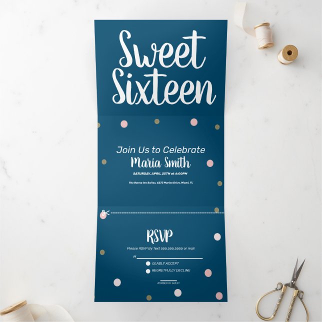 Modern Sweet 16 Gold Pink Dots Tri-Fold Invitation (Inside)