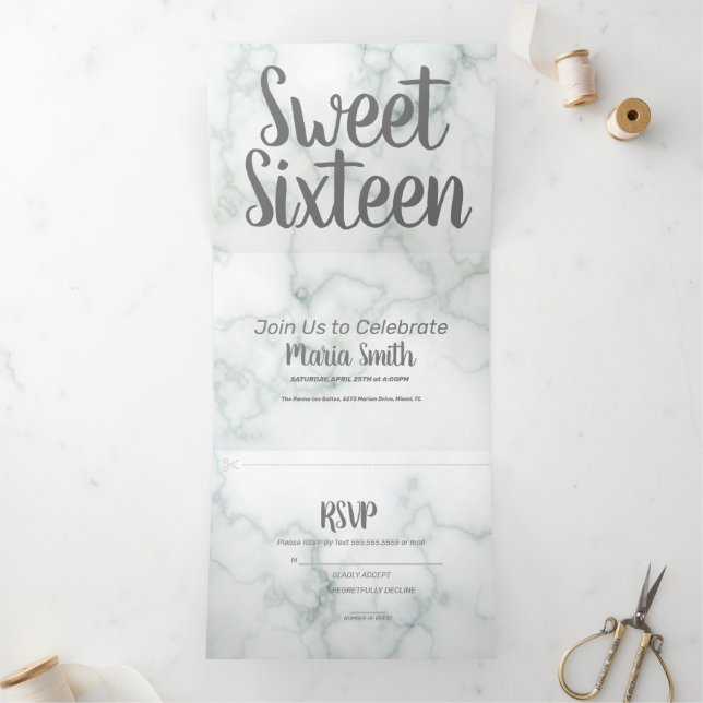 Modern Sweet 16 Marble and Grey Tri-Fold Invitation (Inside)