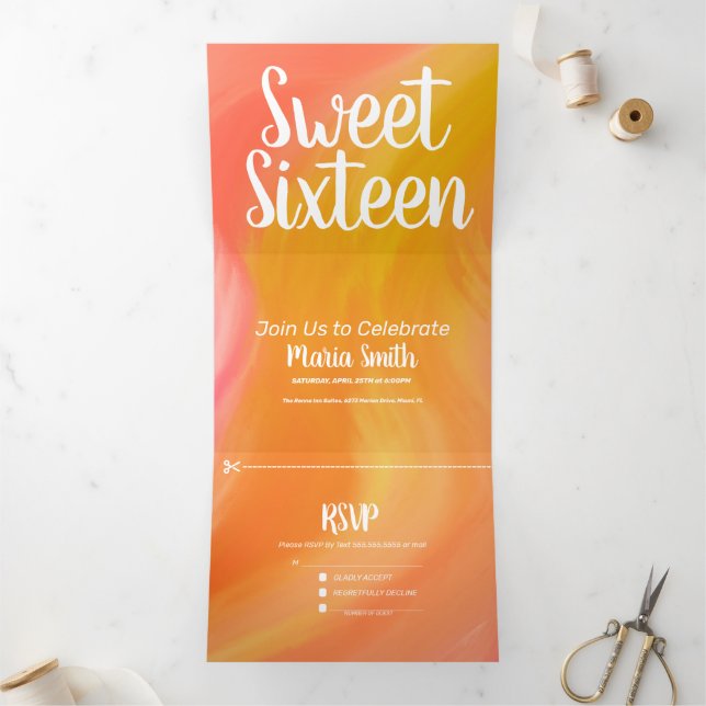 Modern Sweet 16 Marble Orange Pink Swirls Tri-Fold Invitation (Inside)