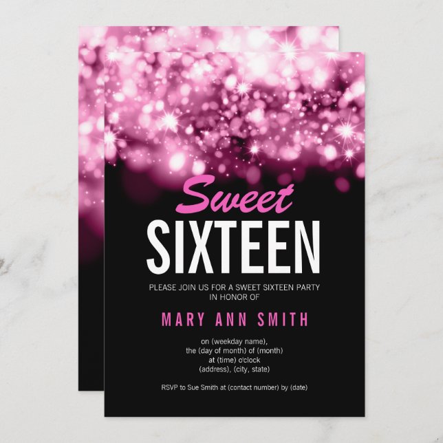 Modern Sweet 16 Party Pink Sparkling Lights Invitation (Front/Back)