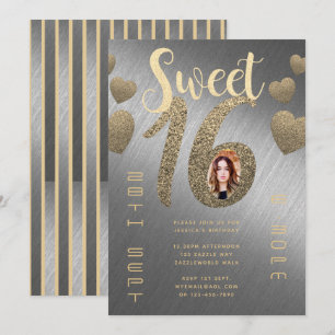 Modern SWEET 16 PHOTO Invite Silver Gold Glitter