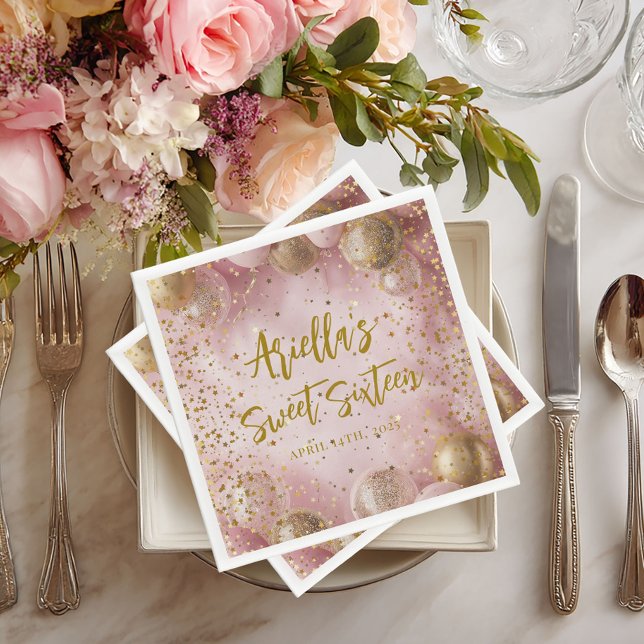 Modern sweet 16 pink gold balloons napkin (Creator Uploaded)