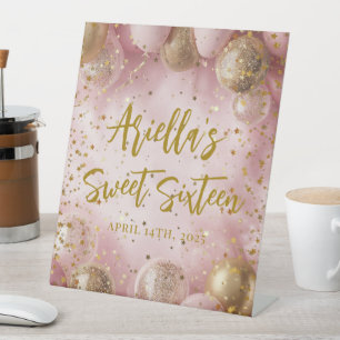 Modern sweet 16 pink gold balloons pedestal sign