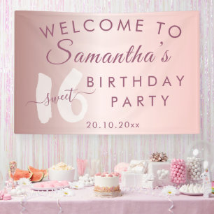 Modern Sweet 16 Pink Metallic Birthday  Banner