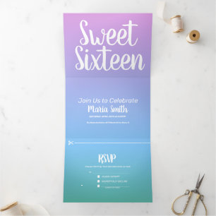 Modern Sweet 16 Purple Blue Ombre  Photography Tri-Fold Invitation