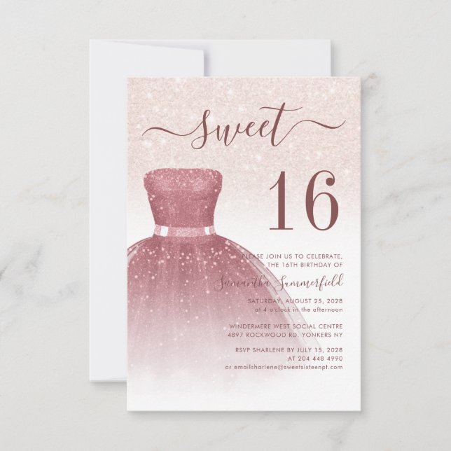Modern Sweet 16 Rose Gold Glitter Drips Script Invitation (Front)