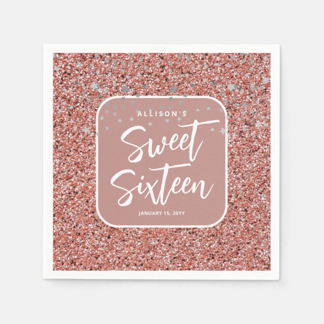 Modern Sweet 16 Rose Gold Glitter Personalized Napkin (Front)