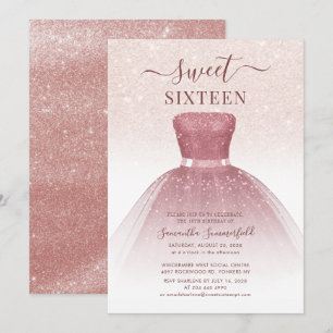 Modern Sweet 16 Rose Gold Script Glitter Birthday Invitation