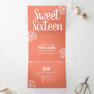 Modern Sweet 16 Scattered Snowflakes Tri-Fold Invitation